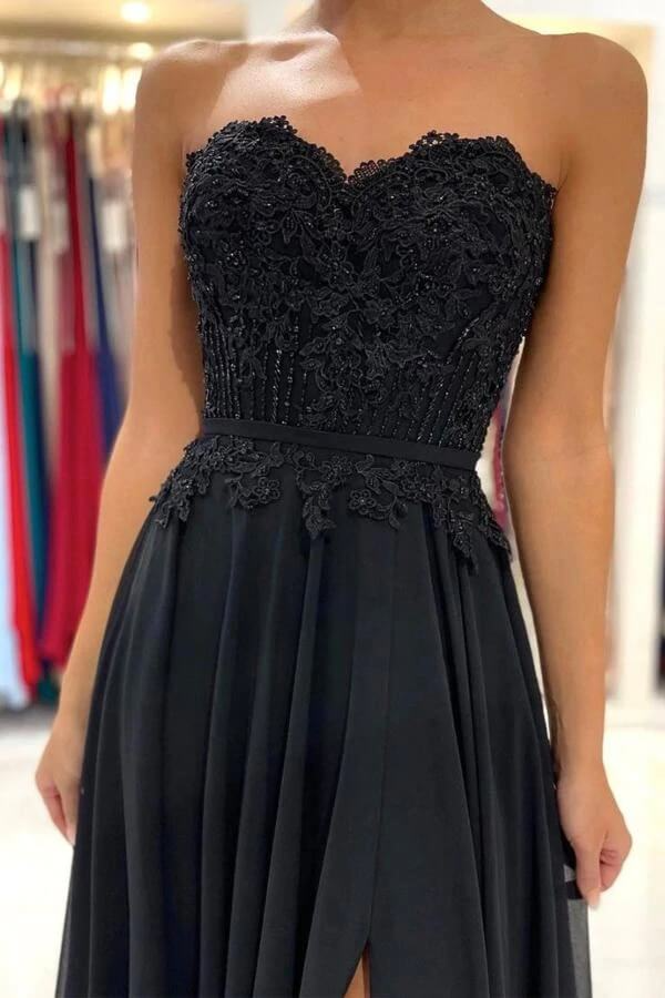 Black Chiffon Lace A-line Sweetheart Long Prom Dresses, Evening Gowns