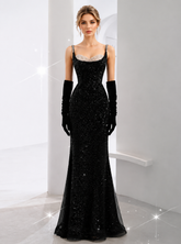 Black Mermaid Straps Sequins Long Prom Dresses