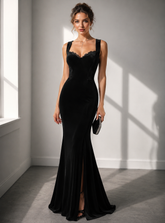 Black Mermaid Velvet Lace Straps long Prom Dresses