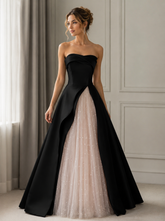 Black Satin Pink Tulle A Line Strapless Prom Dresses