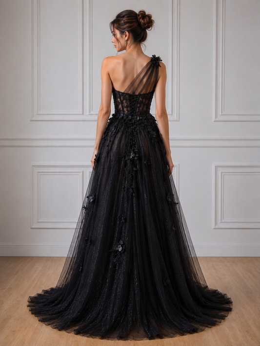 Robes de bal fendues en tulle noir, ligne A, une épaule, avec appliqués