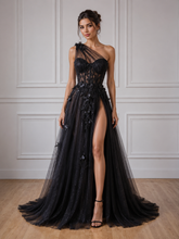 Black A Line Tulle one Shoulder Appliques Split Prom Dresses