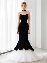 Black Velvet White Tulle Strapless Mermaid Prom Dresses