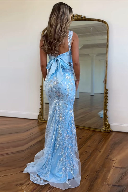 Robe de bal sirène bleue, robes de soirée longues à sequins