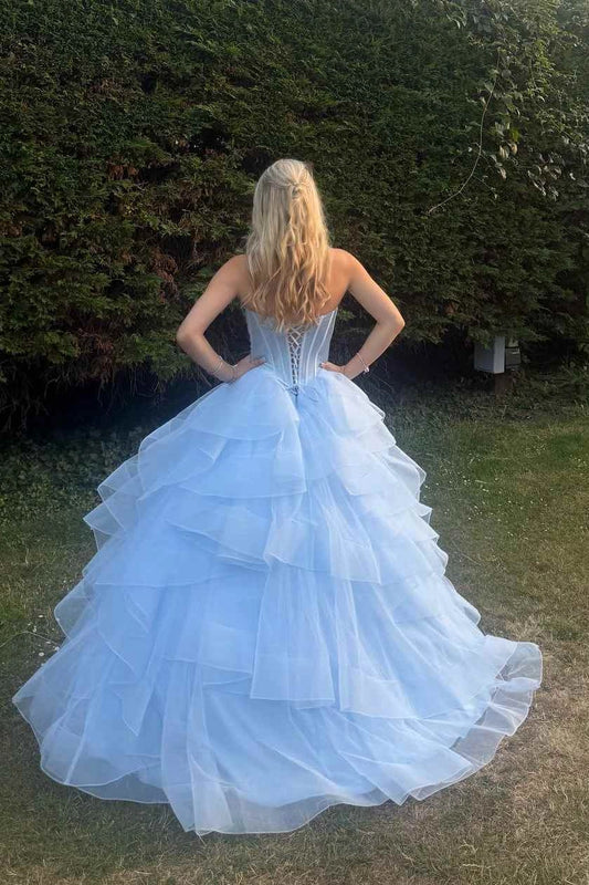Blue A-Line Long Strapless Empire-Waist Ruffles Prom Dresses