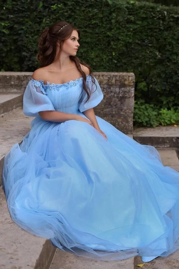 A line Blue Tulle Princess Off the Shoulder Prom Dresses Evening