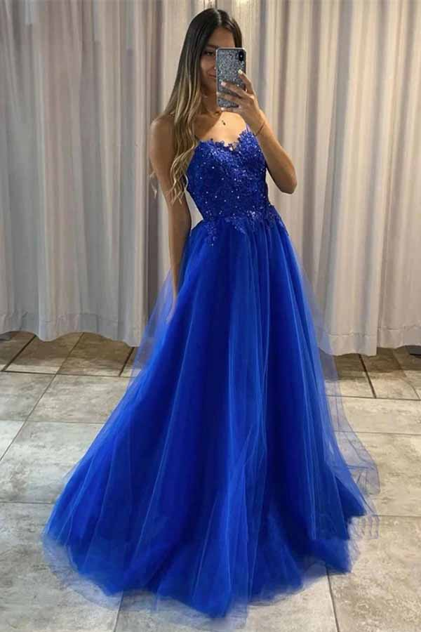 Blue Tulle Spaghetti Straps Floor length A-line Prom Dresses, Formal Dress
