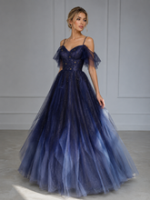Blue Gradient Tulle Straps A Line Beading Prom Dresses