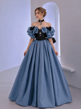 Blue Satin Black Lace Strapless A Line Prom Dresses