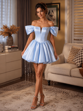 Blue Satin Off the Shoulder Beading Short Homecoming Dresses