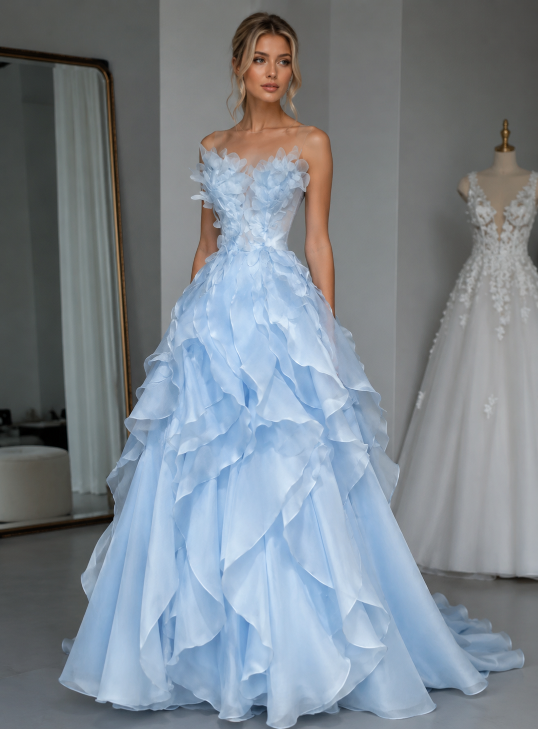 A Line Blue Tulle See Through Neck Appliques Prom Dresses – luladress