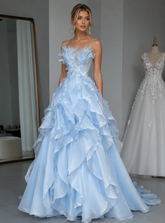 A Line Blue Tulle See Through Neck Appliques Prom Dresses