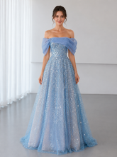 Blue Tulle Sequins Off the Shoulder Pleats A Line Prom Dresses