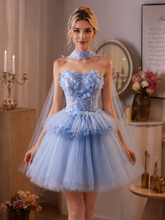Blue Tulle Strapless Butterfly A Line Short Homecoming Dresses