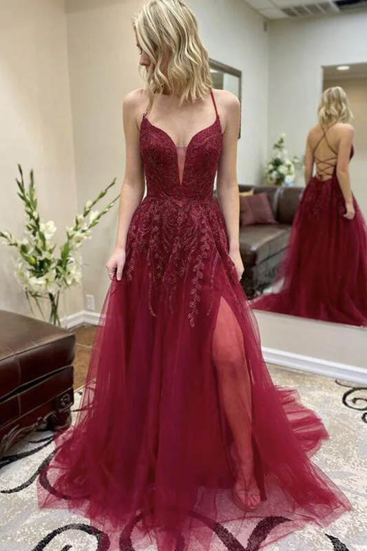Burgundy Tulle A-line Cross Back Prom Dresses With Thigh Slit, Formal Dress