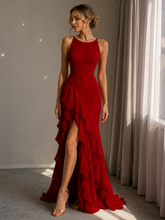 Burgundy Mermaid Halter Sexy Chiffon Long Prom Dresses