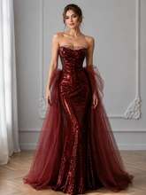 Burgundy Mermaid Sequins Tulle Strapless Prom Dresses