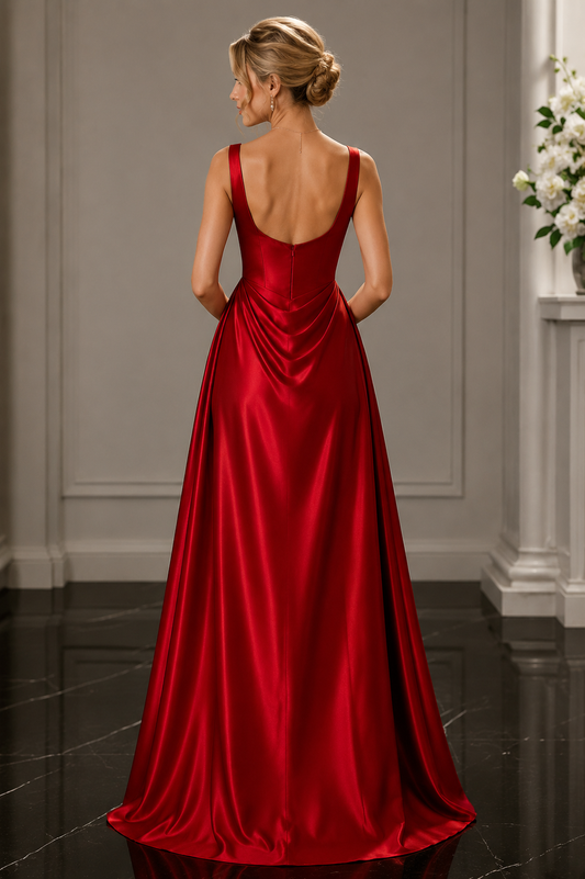 Robes de bal plissées en satin bordeaux avec bretelles fines