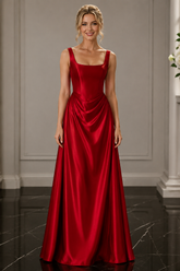 A Line Burgundy Satin Straps Pleats Prom Dresses