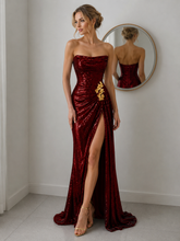 Burgundy Sequins Strapless Mermaid long Pleats Prom Dresses