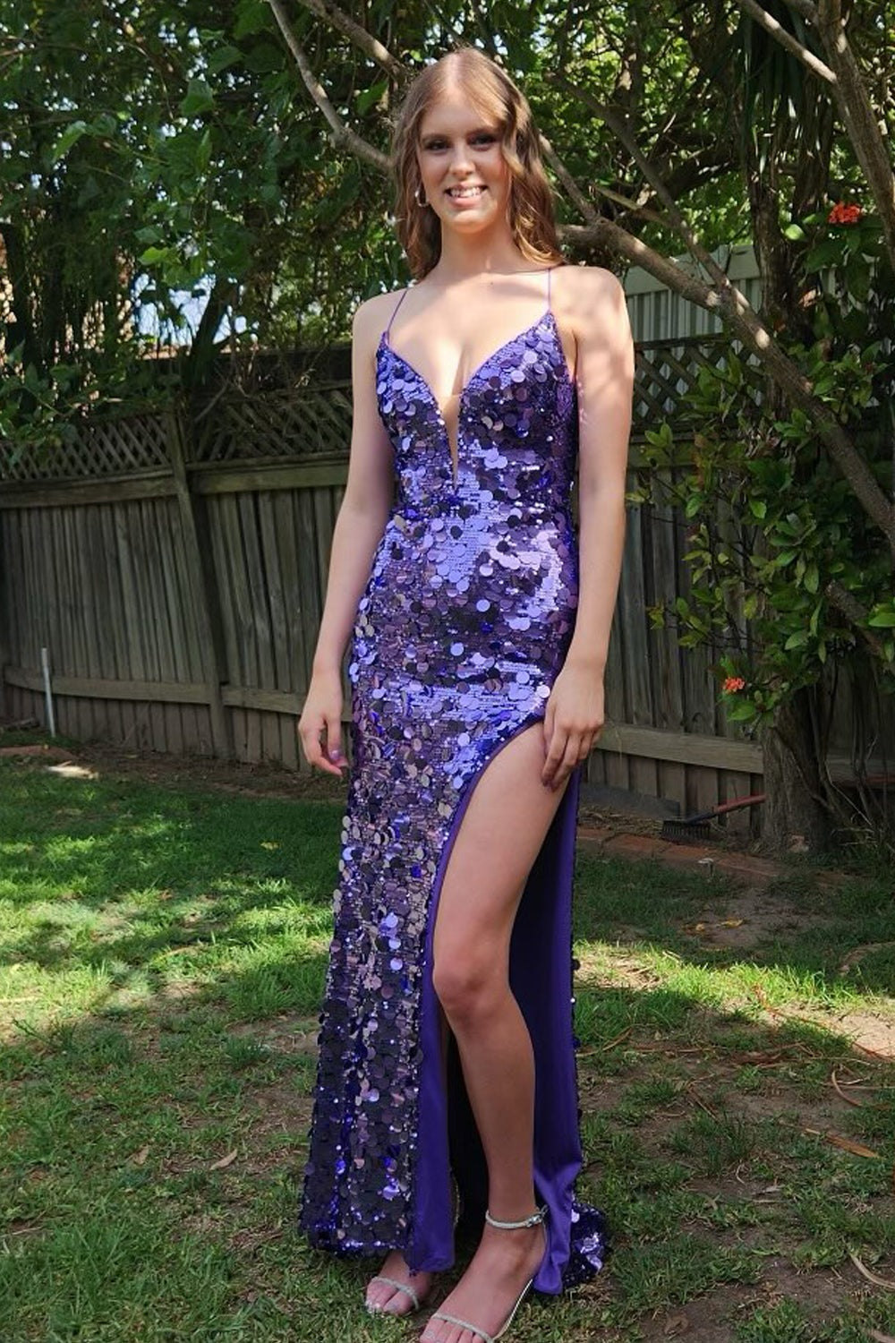 Mermaid V Neck Purple Sequin Slit Prom Dresses