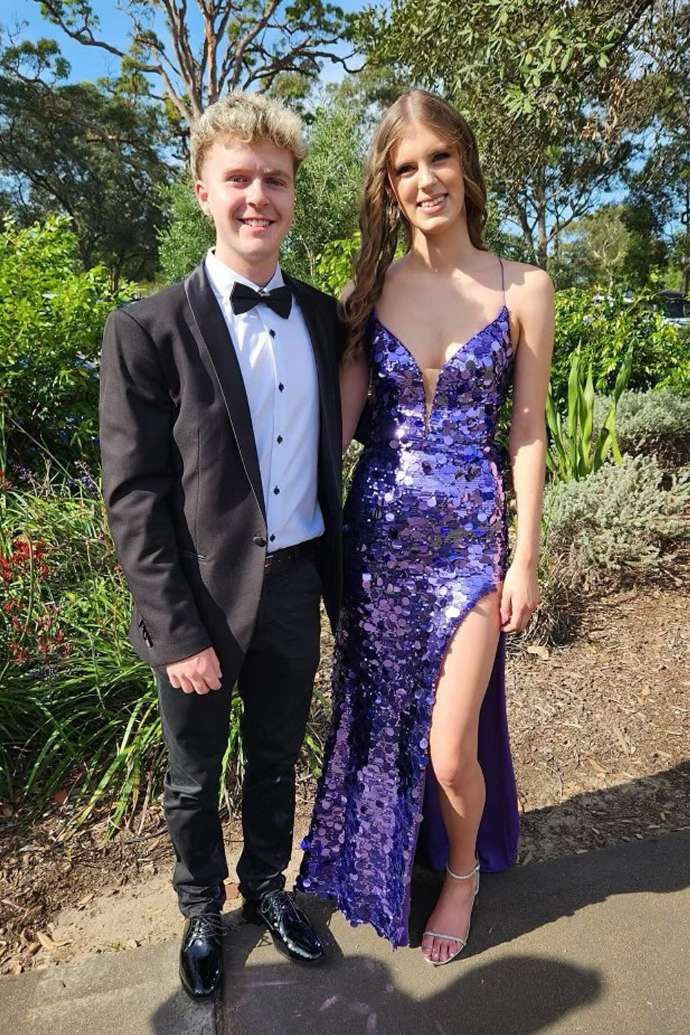 Mermaid V Neck Purple Sequin Slit Prom Dresses