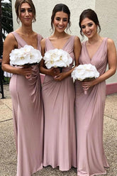 Cheap Sleeveless Deep V Neck Chiffon Blush Pink Bridesmaid Dresses