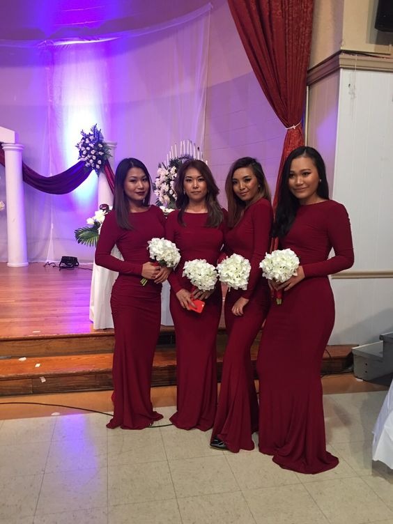 Mermaid Neckline Long Sleeves Satin Burgundy Bridesmaid Dresses luladress Mermaid Neckline Long Sleeves Satin Burgundy Bridesmaid Dresses luladress