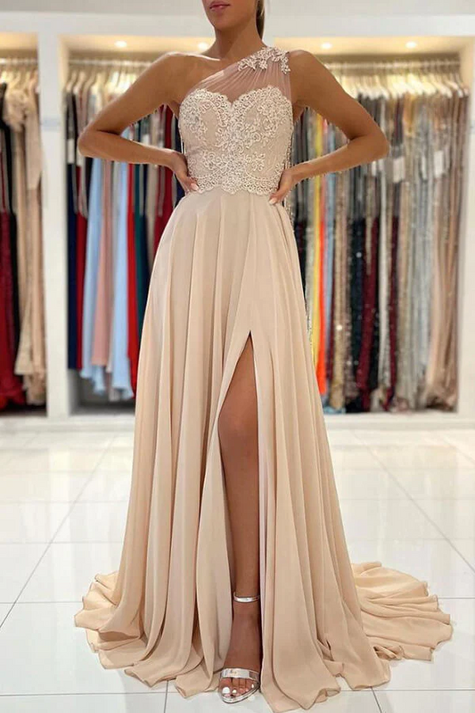 Chiffon A-line Lace One Shoulder Prom Dresses, Evening Gown