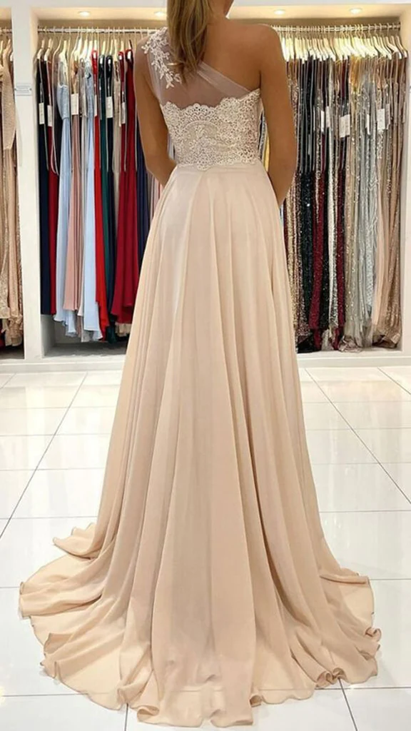 Chiffon A-line Lace One Shoulder Prom Dresses, Evening Gown
