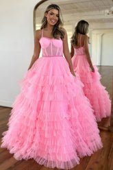Pink A-Line Spaghetti Straps Long Tiered Tulle Prom Dresses