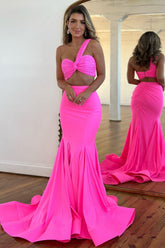 Hot Pink Satin Mermaid One Shoulder Cutout Waist Long Prom Dresses