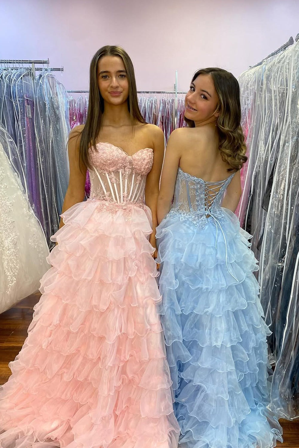 A Line Sweetheart Blush Pink Tiered Organza Prom Dresses