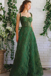Dark Green Tulle Lace Spaghetti Straps A-line Prom Dresses, Party Dresses