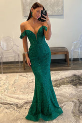 Dark Green Sequin Off The Shoulder Sweep Train Mermaid Prom Dress