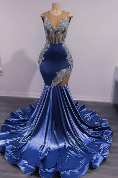 Dusty Blue Shiny Silver Beaded Mermaid Court Train Prom Dresses Pic Color / Custom Size Dusty Blue Shiny Silver Beaded Mermaid Court Train Prom Dresses Pic Color / Custom Size