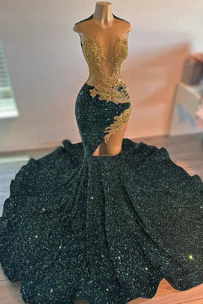 Elegant Sleeveless Dark Green Mermaid Court Train Sequin Prom Dresses Custom Color / US0 Elegant Sleeveless Dark Green Mermaid Court Train Sequin Prom Dresses Custom Color / US0