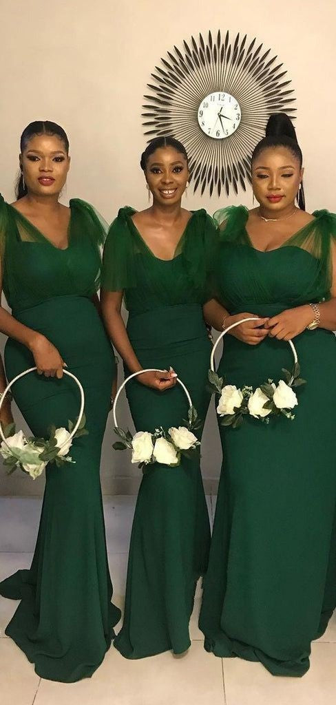 Robes de Demoiselle d'Honneur en Tulle Vert Longueur Ras du Sol Robes de Soirée de Mariage Sirène