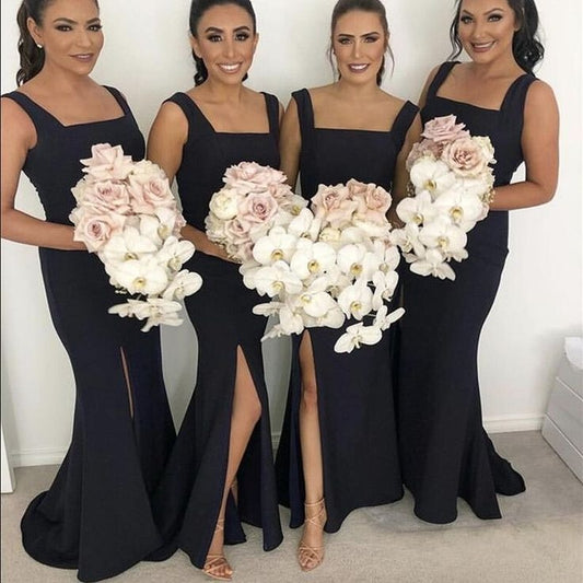 Robes de Demoiselle d'Honneur Noires Longues au Sol, Coupe Sirène Carrée, pour Fête de Mariage