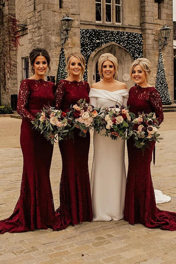 long sleeve burgundy wedding dress Illusion Neckline Long Sleeve Wedding Dress,Burgundy White Bridal Dress,WD00868, US2 / Black