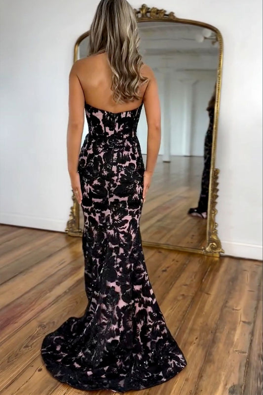 Robe longue de bal de promo sirène noire en dentelle avec décolleté en cœur