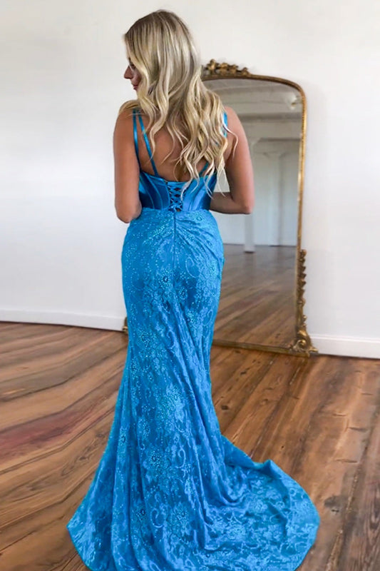 Robe de bal sirène bleue en dentelle à col en V et laçage