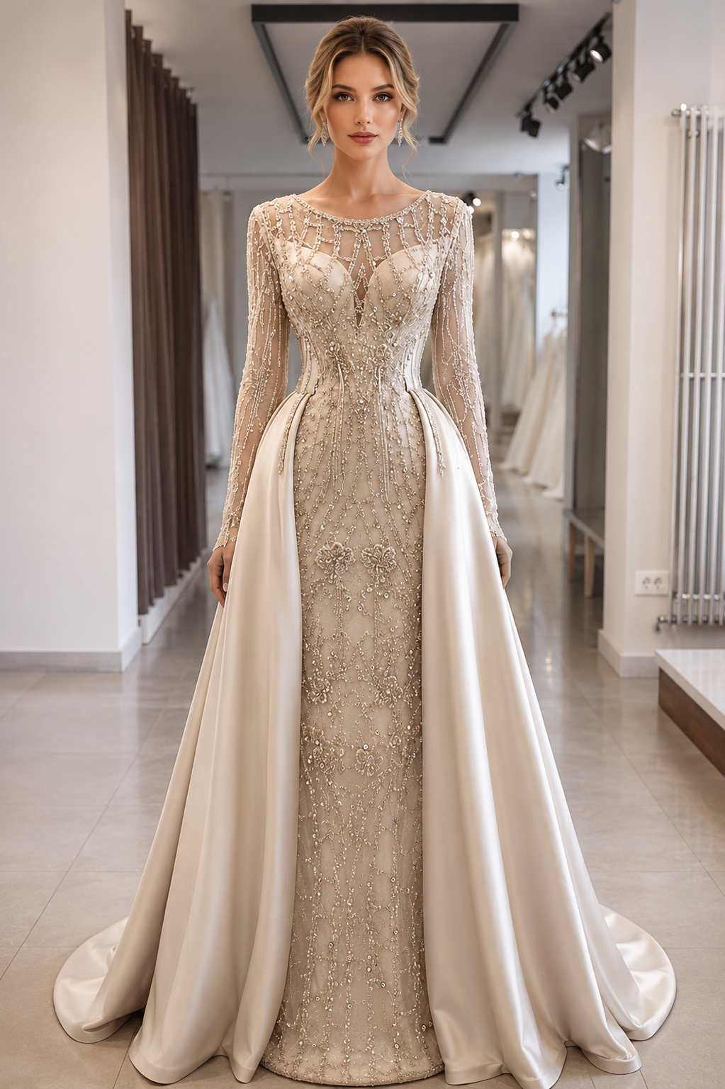 Gorgeous Long Satin Beaded Mermaid Prom Dresses with Sleeves – luladress