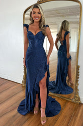 Mermaid Lace Up Long Beaded Satin Prom Dresses