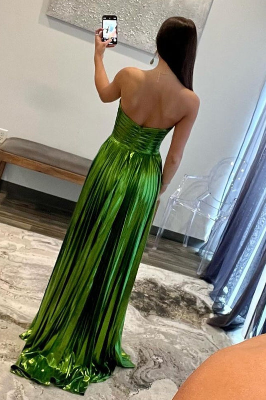 Robe de bal longue évasée bustier dos zippé vert métallisé