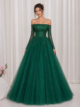 Green Tulle Long Sleeve Beading Sequins A Line Prom Dresses