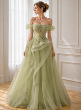 Green Tulle Off the Shoulder Beading A Line Lace Prom Dresses