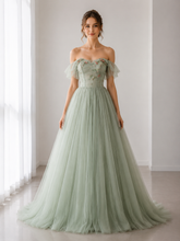 Green Tulle ALine Long Off the Shoulder Prom Dresses