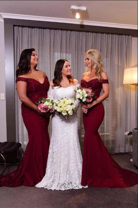 Hot Mermaid Long Off Shoulder Burgundy Lace Bridesmaid Dresses Hot Mermaid Long Off Shoulder Burgundy Lace Bridesmaid Dresses