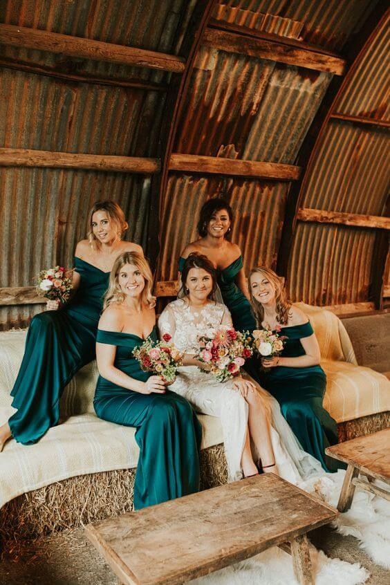 Hot Satin Off The Shoulder Emerald Green Bridesmaid Dresses luladress Hot Satin Off The Shoulder Emerald Green Bridesmaid Dresses luladress